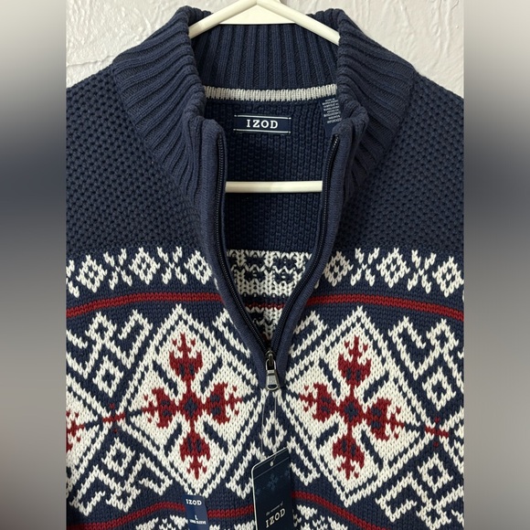 NWT Izod Men’s Navy Blue - White & Red Holiday 1/4 Zip Sweater - M - Picture 6 of 12